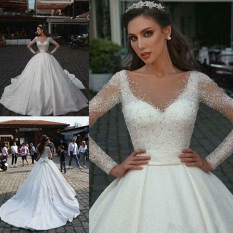 

Luxury Giltter Beaded Bridal Gowns Long Sleeves Fully Sparkle Wedding Dresses With Detachable Sweep Train Bling Bling Bride Dress Vestido De Novia, Ivory