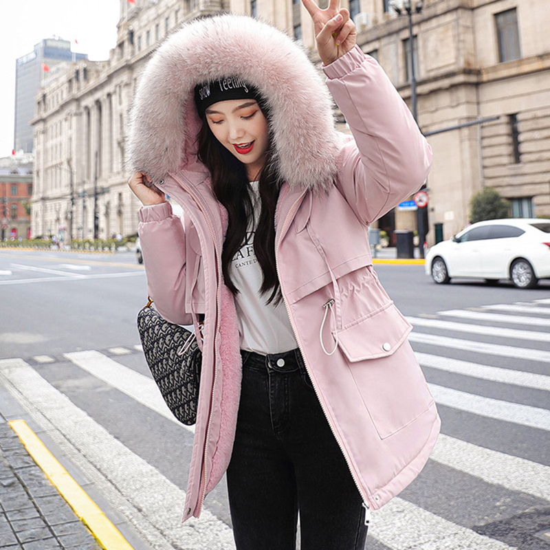 Korean big fur collar jacket women winter thicken warm parkas coats plus size loose casual winter clothes women outwear 201019