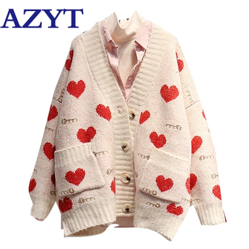 AZYT Autumn Winter Women's Sweater Coat Sweet Heart Print Oversize Knit Female Cardigan Harajuku Loose V Neck Knitwear Tops 201031