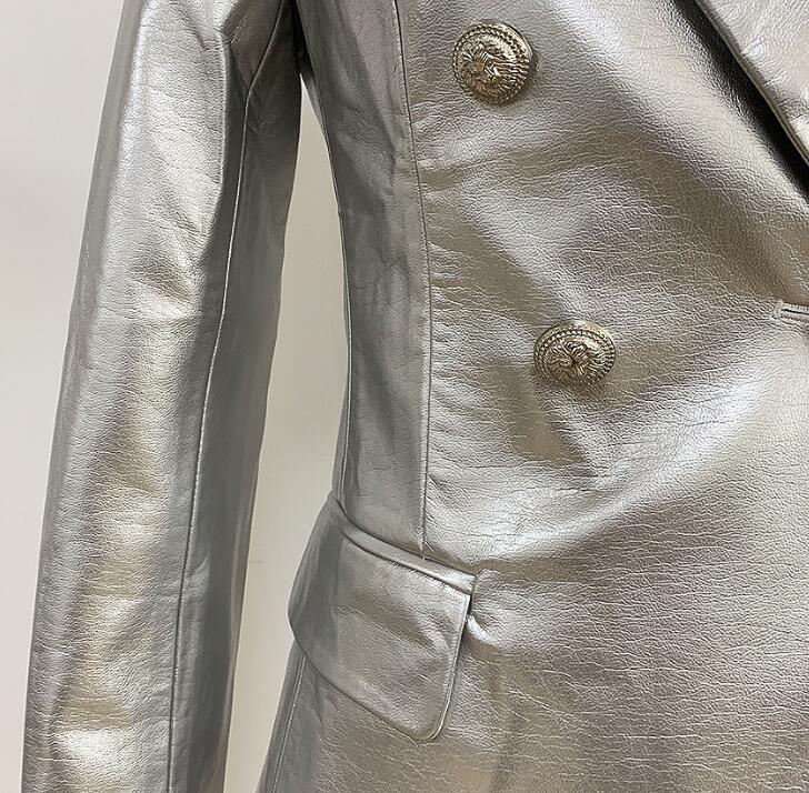 DEAT Autumn Winter Silver Double Breasted Button Outerwear Faux Leather Jacket Women Slim Blazer MG533 201030