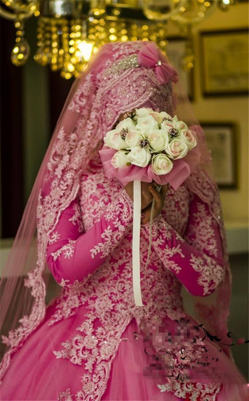 Elegant Pink Muslim Plus Size Dresses Long Sleeves Appliques Lace Bridal Gowns Sweep Train A-line Wedding Dress Vestidos De Noiva