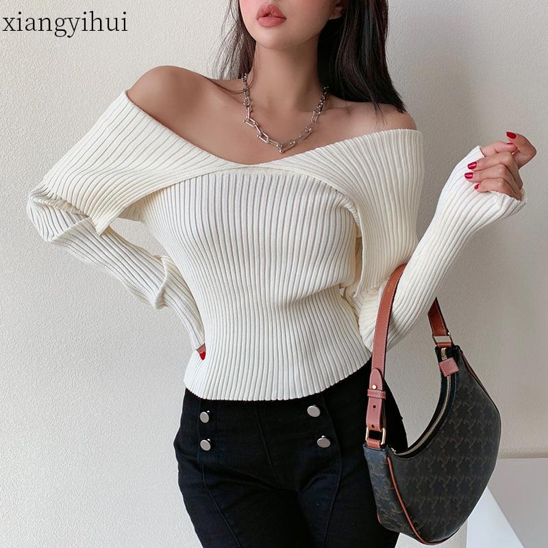 Sexy Off the Shoulder Slash Neck Long Sleeve Knitted Tops Women' Autumn Pullovers Black Beige Fashion Winter Short Sweaters
Sexy Off the Shoulder Slash Neck Long Sleeve Knitted Tops Women' Autumn Pullovers Black Beige Fashion Winter Short Sweaters