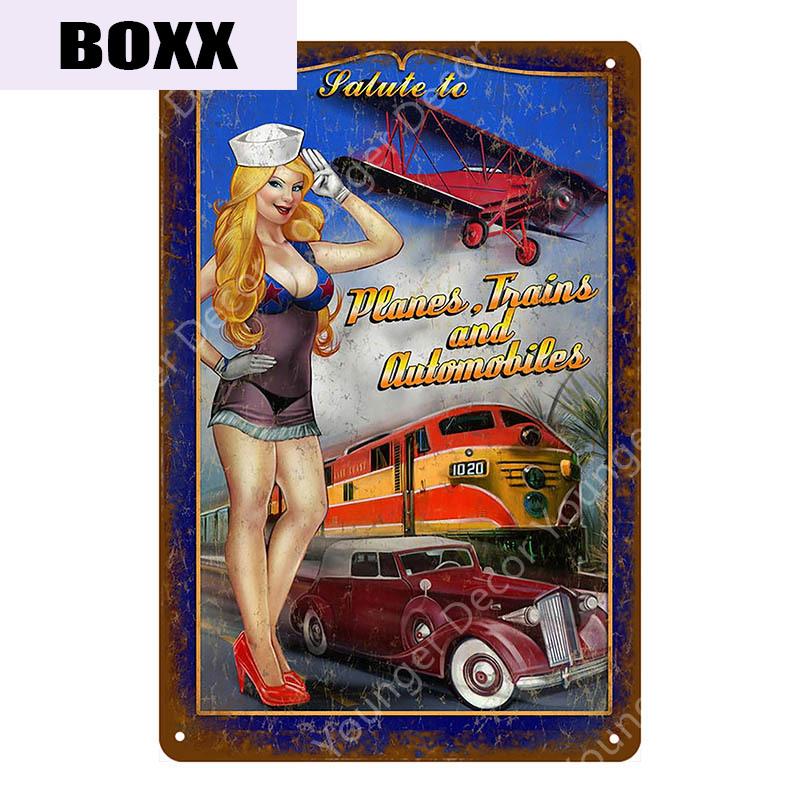 Vintage Pin Up Sexy Girl With Car Bus Truck Train Poster Sexy Lady Metal Signs Garage Home Wall Decor Living Bar Pub Club Retro Plate Size 30X20cm