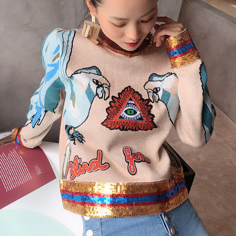 Star same heavy industry Sequin 3D parrot embroidery back zipper knit gold thread long sleeve round neck sweater female B-009 201130