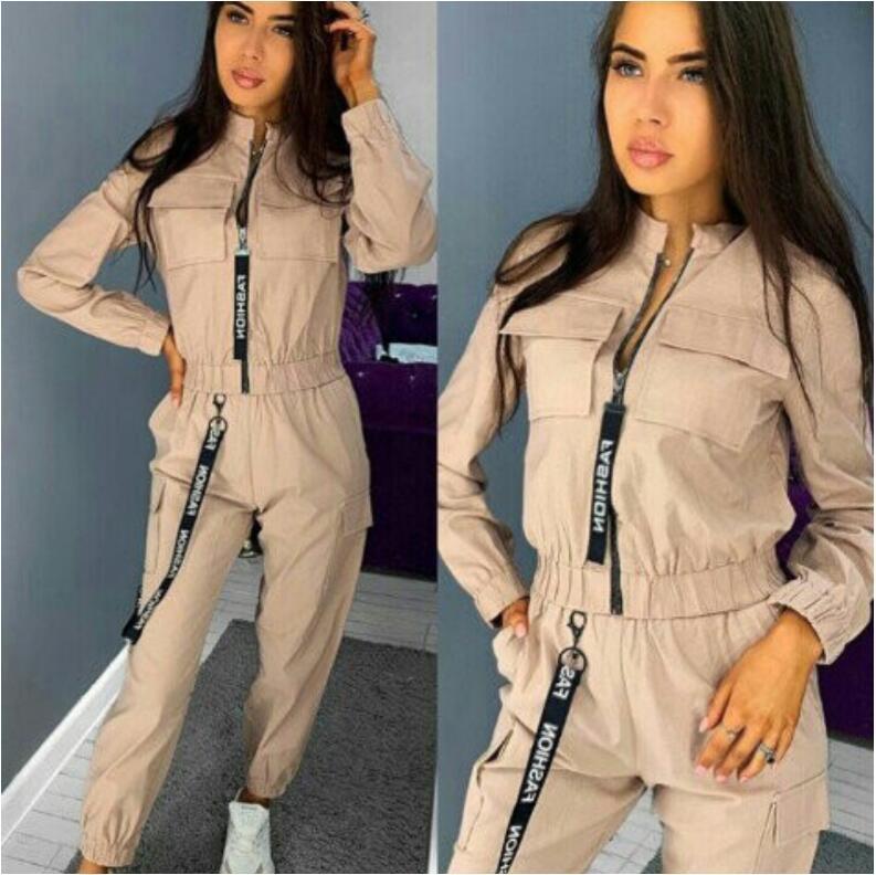 Women Casual Solid Color Two Piece Sets Autumn Long Sleeve Zipper Tops and Long Pants Suits Ladies New Overalls Set Pocket 201119