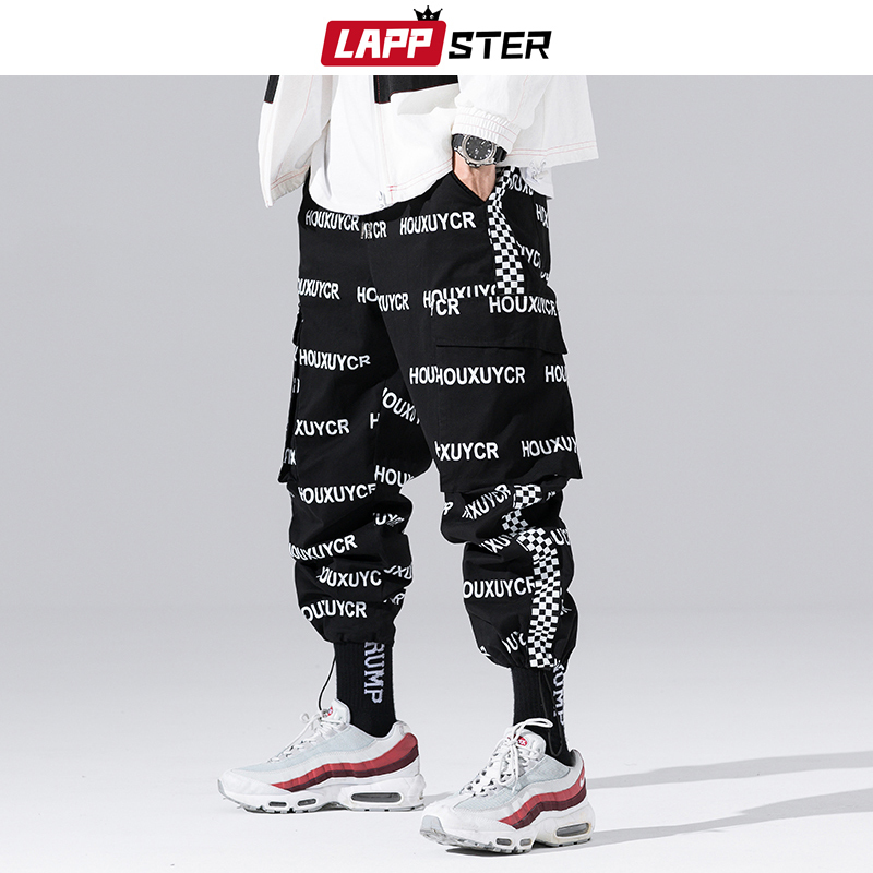 LAPPSTER Mens Streetwear Print Cargo Pants Overalls Men Hip Hop Joggers Pants Trousers Pocket Black Casual Track Pants 201130