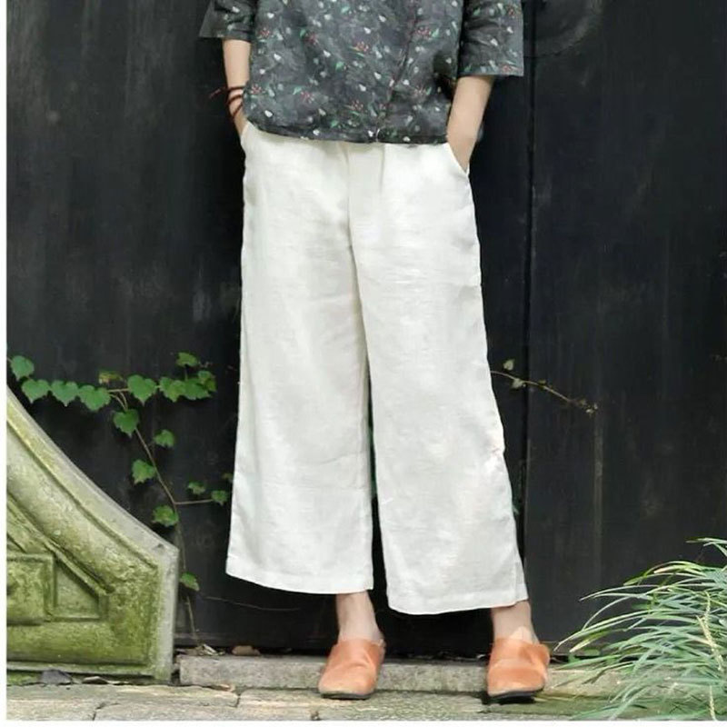 New Arrival Summer Style Women Pants Plus Size High Waist Loose Casual Wide Leg Pants Solid Cotton Linen Calf-length Pants D164 201109