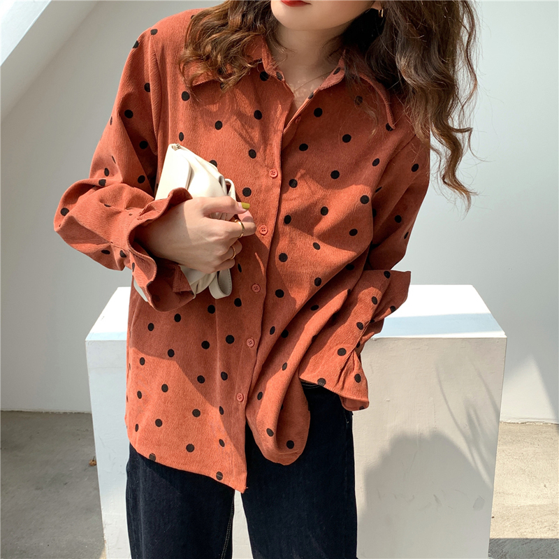Korea Winter Jacket Women Autumn Lapel Loose SingleBreasted Corduroy Polka Dot Long Sleeve Shirt Female Blouse Coat 201017