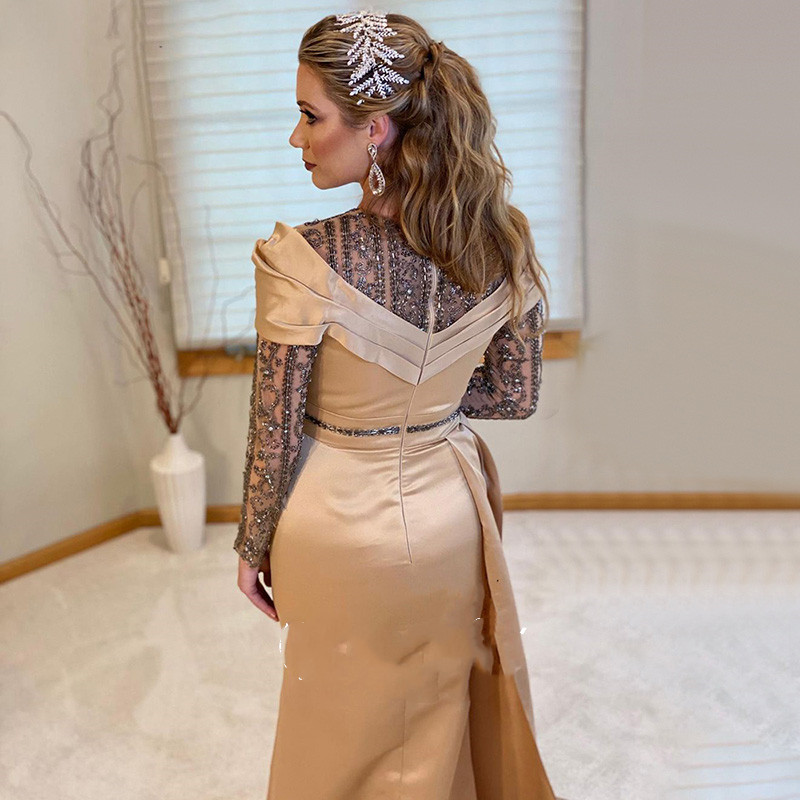 Champagne Long Sleeve Prom Dresses Luxury Beaded Crystal Overskirt Arabic Arabian Dubai Mermaid Reception Dress Evening Wear