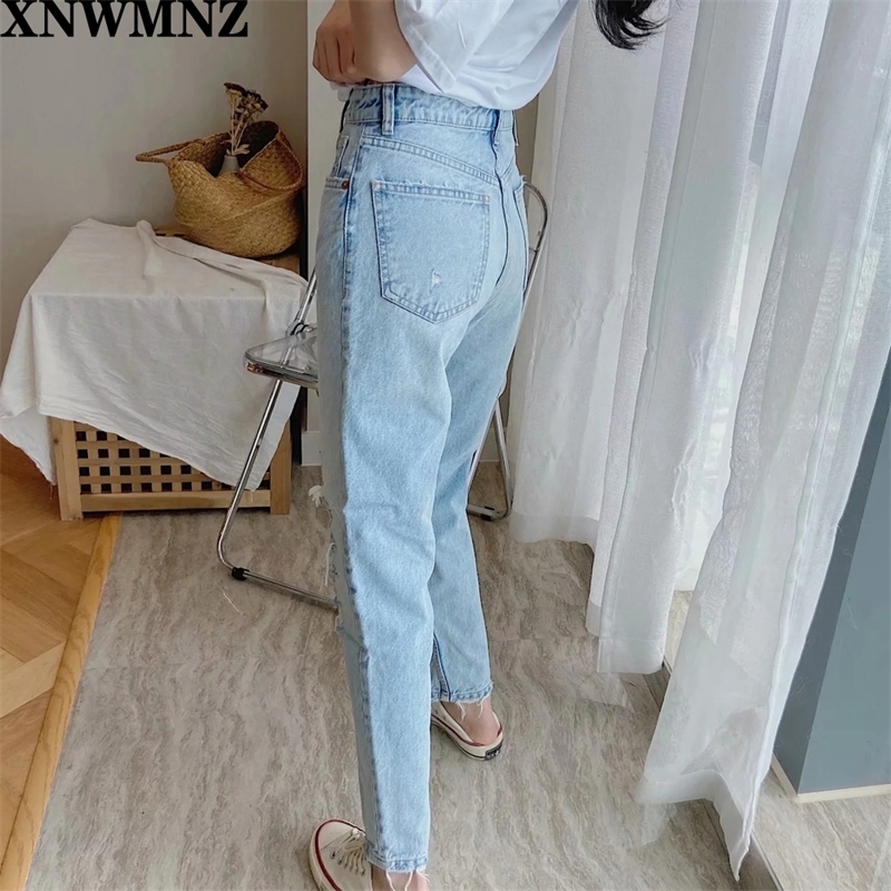 Za Vintage mom high waisted woman ripped boyfriend for women korean style distressed jeans blue denim pants 201109