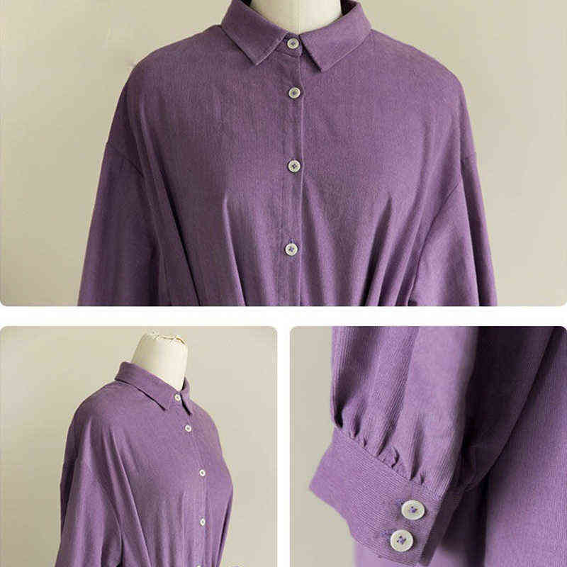 Vangull Fashion Corduroy Dress Women Plus Size Female Dress Turn-down Collar Long Sleeve Belt Single Breasted harajuku dress G0214