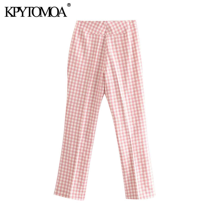 KPYTOMOA Women Chic Fashion Plaid Flare Pants Vintage High Elastic Waist Zipper Fly Female Ankle Trousers Pantalones Mujer 201031
