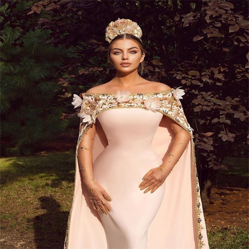 Elegant Mermaid Prom Dresses With Wrap Hand Made Flower Long Sleeves Beaded Evening Dresses Formal Prom Party Gowns Special Occasion Dress