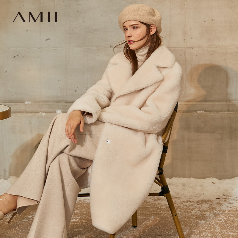 Amii Minimalism Winter Thick Fur Coat Fashion Solid Lapel Straight Knee-length Women's Jacket Causal Winter Coat Women 12041044 201214