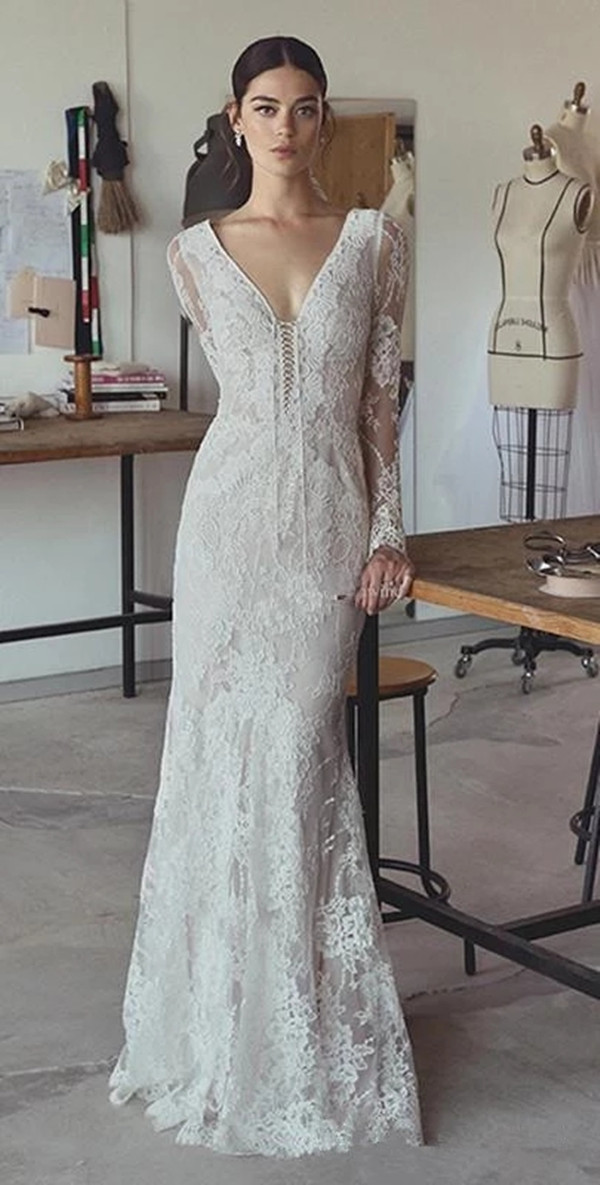 Vintage Lace Floral 1920s' Mermaid Long Sleeve Wedding Dresses With Pearls V-neck Sweep Train Country Bridal gown lihi hod