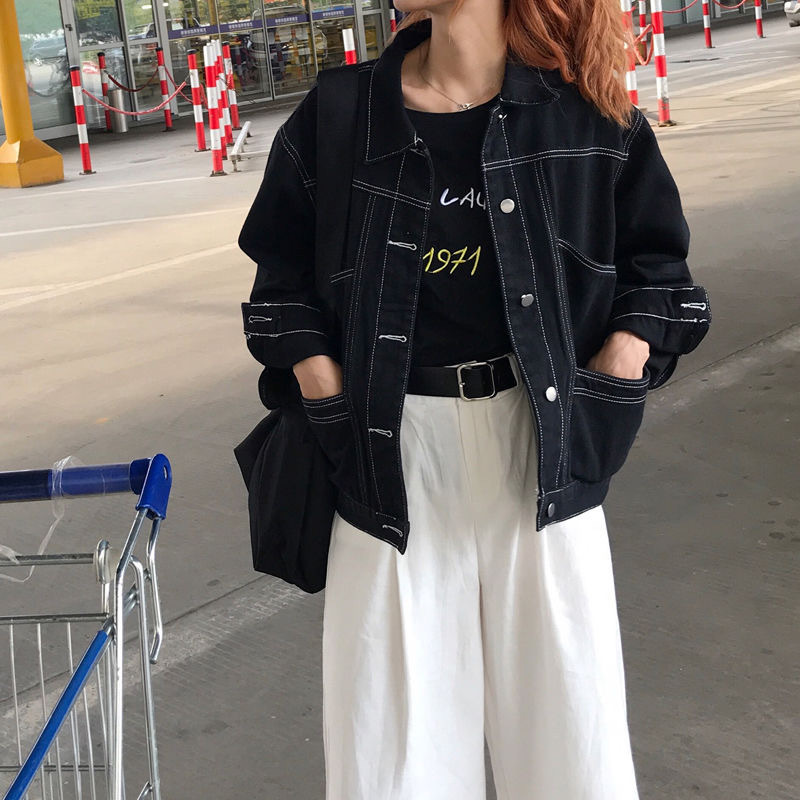 Denim Jackets for Women Fashion Black Single Breasted Button Casual Coat Autumn Korean Loose High Street Jean Outwear 201112
