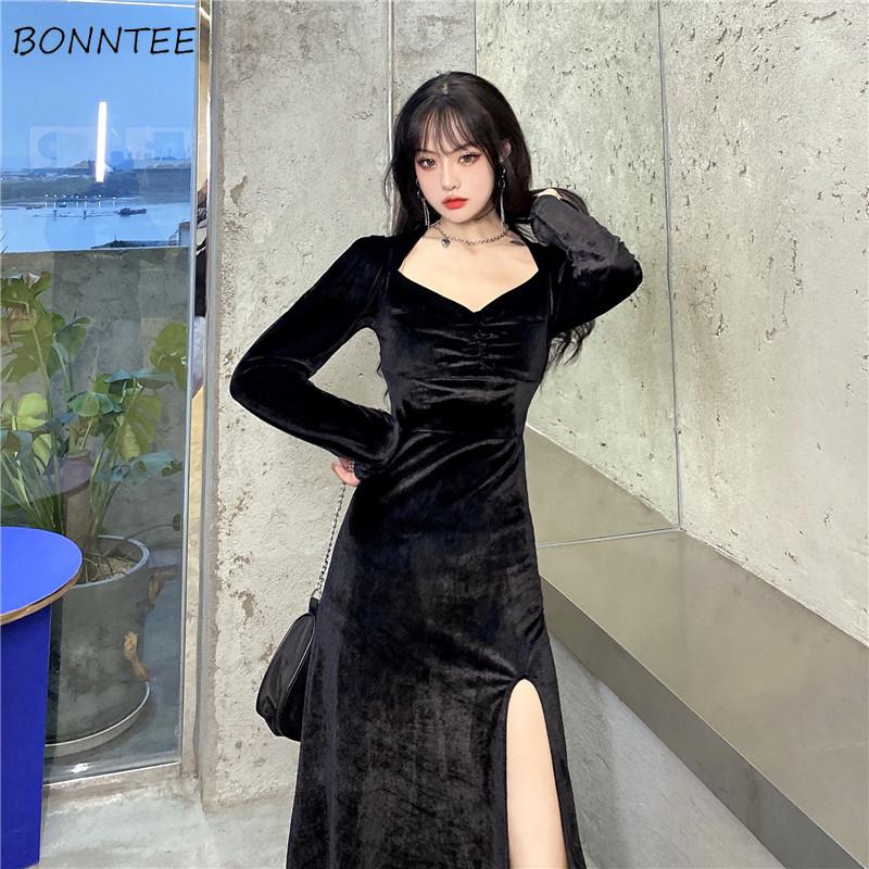 

Long Sleeve Dress Women Elegant Black French Style Teenagers Classy Popular Hepburn Midi Side Slit Charm Fall 2020 Newest Retro