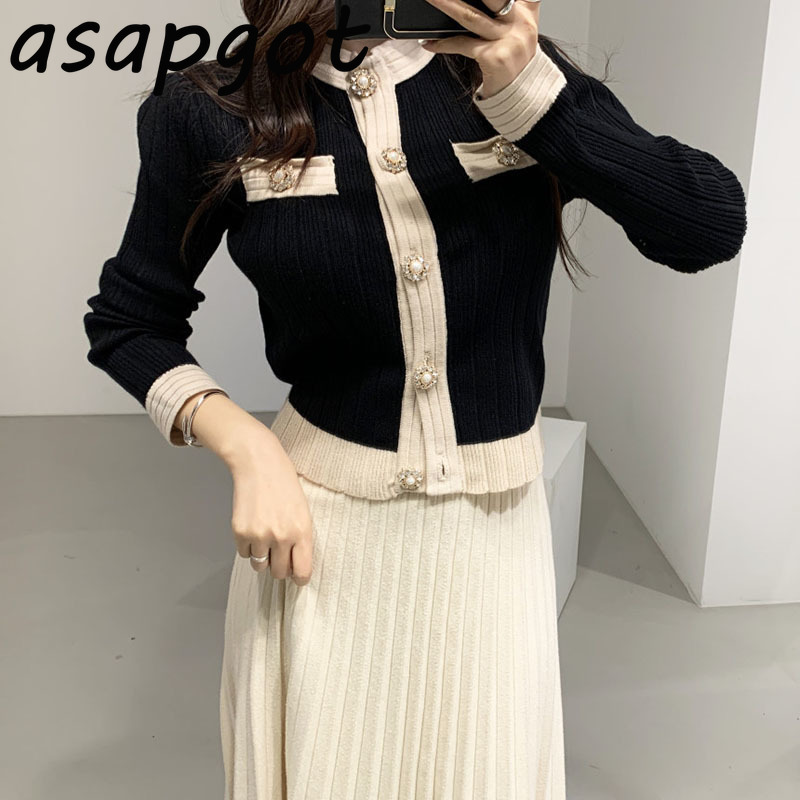 Chic French Autumn Winter New Women's Set 2 Pieces O Neck Full Slim Knitted Sweater Cardigan Coat Knitted Pleated Skirt Retro 201031