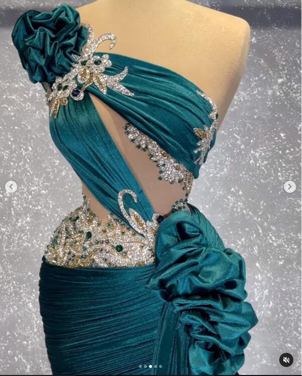 Hunter Green 2022 Sheath Prom Dresses Beaded Crystals One Shoulder Evening Formal Party Second Reception Gowns