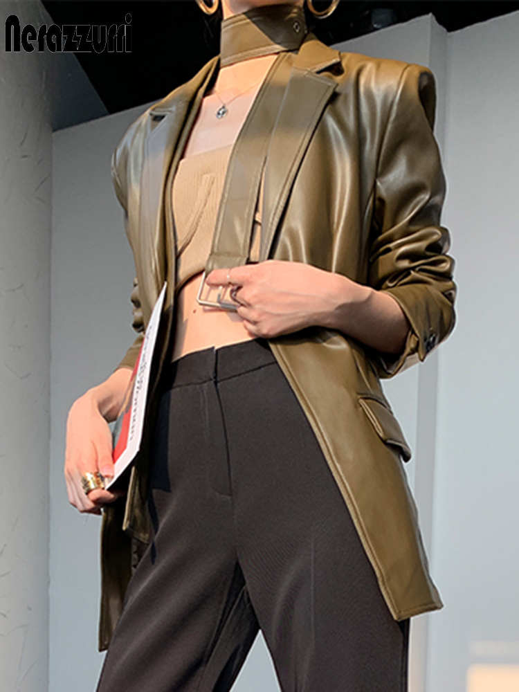 Nerazzurri Autumn light soft leather blazers women belt long sleeve pu faux leather jacket women Plus size fashion 5xl 201020