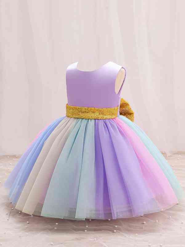 Baby Sequin Insert Big Bow Mesh Hem Gown Dress SHE