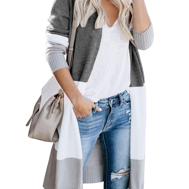 Unique Nature Womens Open Front Long Sweater Cardigans Boho Long Sleeve Color Block Oversized Striped Loose Knit Coat 201202