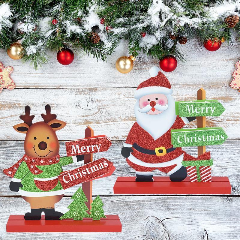 

Merry Christmas Decoration Santa Claus Snowman Elk Wood Stand Desktop Ornaments Glittering Colorized Christmas Deer Pendant Gift1