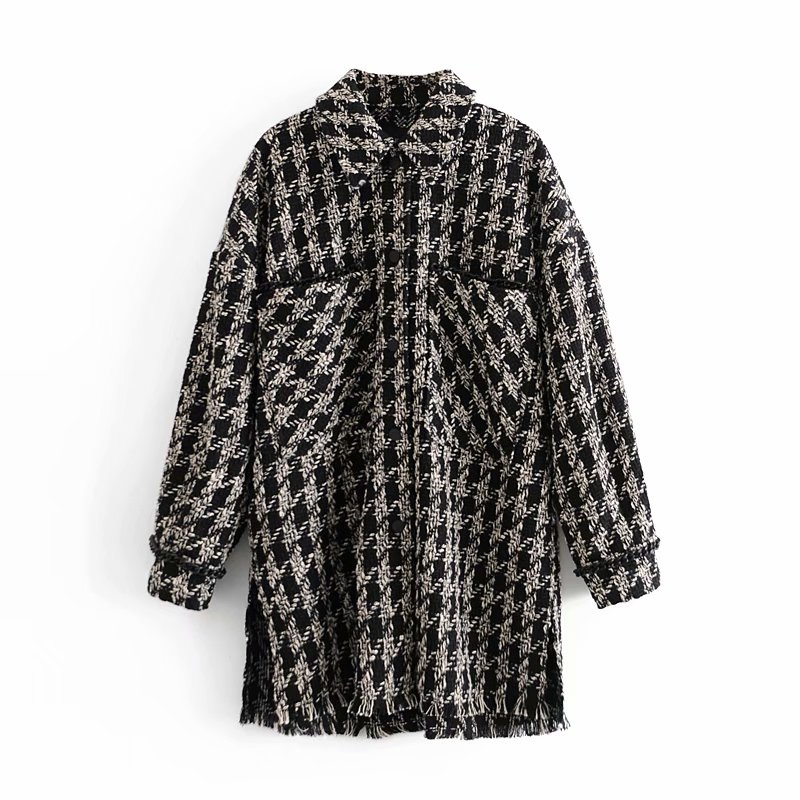 Puwd vintage woman oversized chess tassel tweed shirt autumn fashion ladies thick shredded female chic jacket loose jackets, Black 
Puwd vintage woman oversized chess tassel tweed shirt autumn fashion ladies thick shredded female chic jacket loose jackets, Black