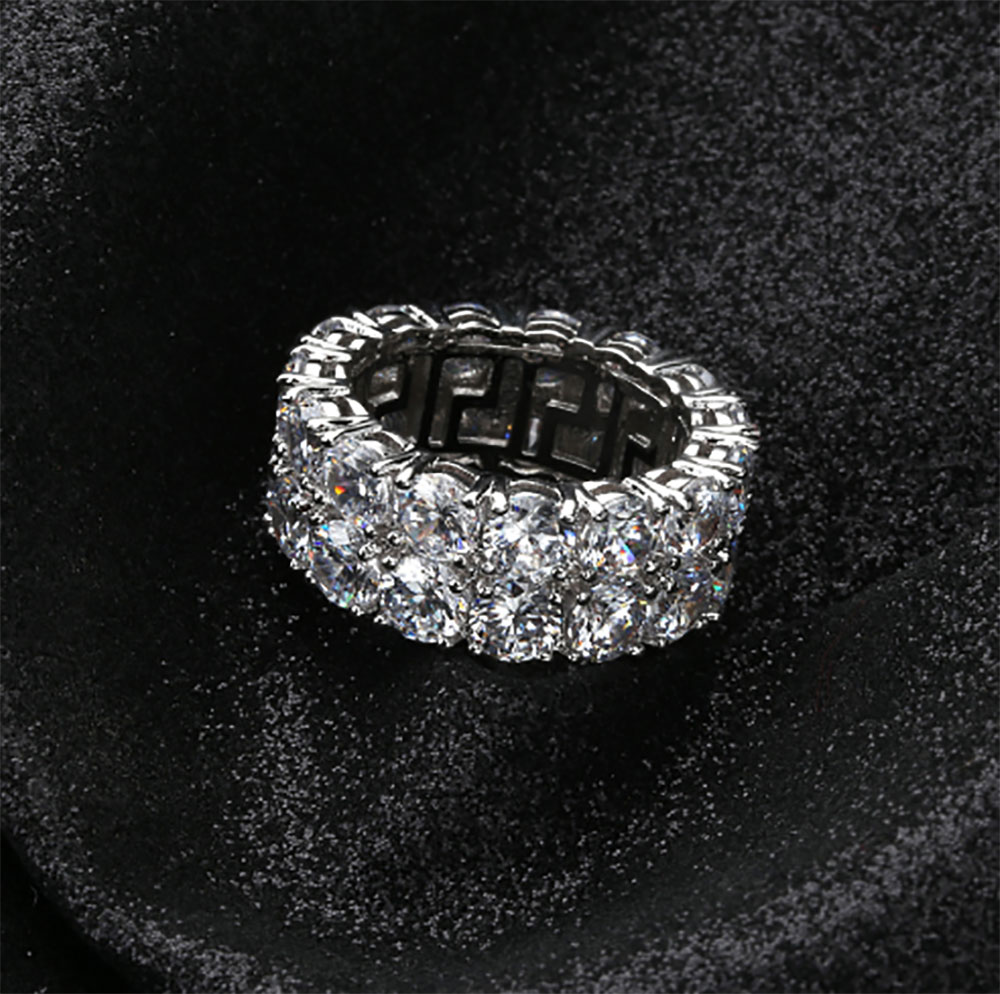 Mens 2 Row Iced Out 360 Eternity Bling Rings Micro Pave Cubic Zirconia Gold Plated Silated Dias Hip hop Ring with gift Free shipping