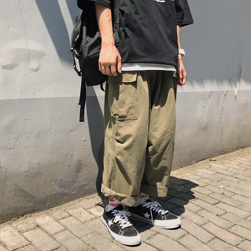 Men Casual Straight Japanese Cargo Pants Mens Loose Collage Wide Leg Pants Male Streetwear Trousers Buttoms 201128