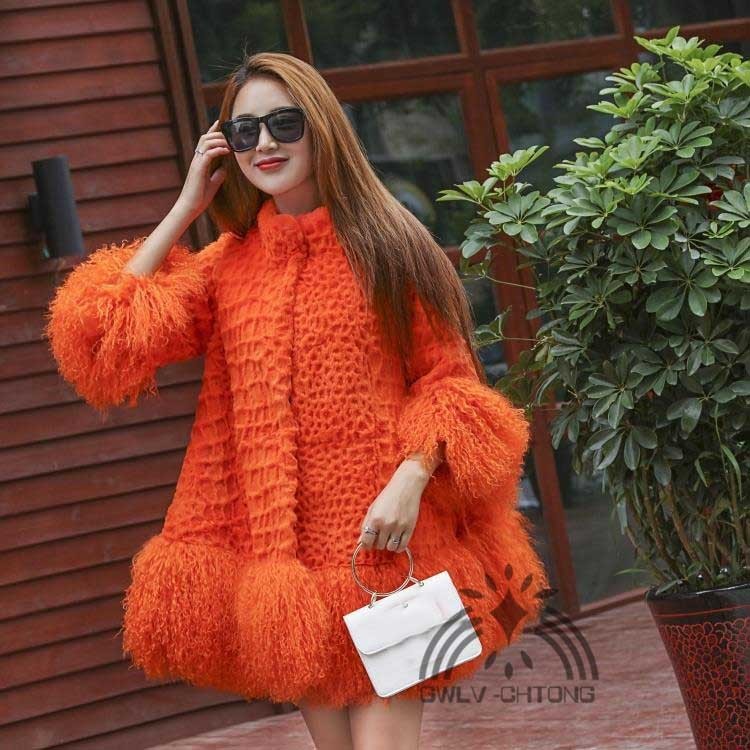 New Genuine real natural rabbit fur coat women's fashion fur jacket with lamb fur sleeve and hem ladies stand Collar loose style 201209