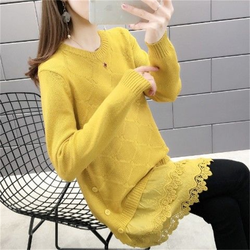 Lace Stitching Knitted Sweater Women Single-breasted Decorative Mid-length Loose Bottoming Pullover Jumpers Female Spring 201225
