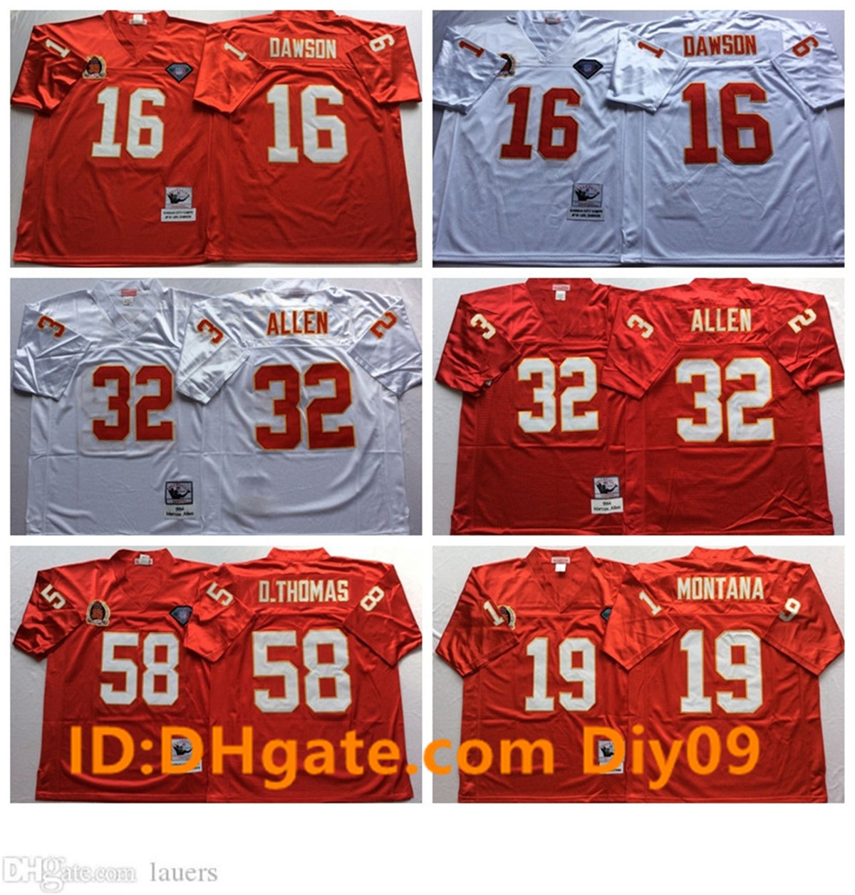 VintageKansasCityChiefs Football Jerseys 19 Joe Montana 58 Derrick Thomas 32 Marcus Allen 16 Len Dawson Mitchell & Ne, With sign
VintageKansasCityChiefs Football Jerseys 19 Joe Montana 58 Derrick Thomas 32 Marcus Allen 16 Len Dawson Mitchell & Ne, With sign