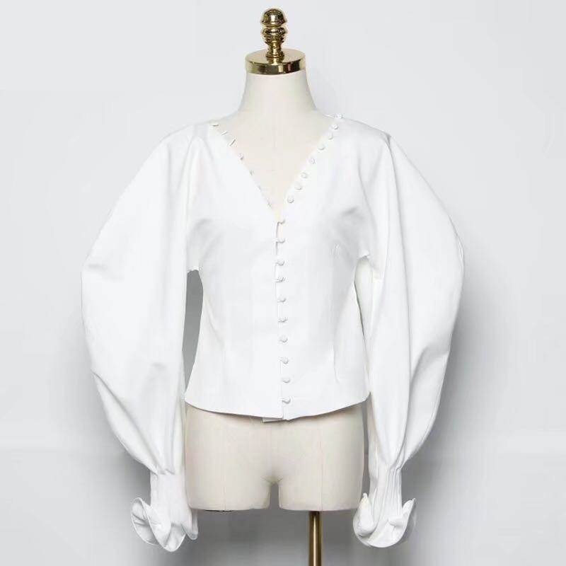 GETSRING Blouse Shirt Vintage V Neck White Ruffle lantern Shirts Top Women 2020 girls Blouses