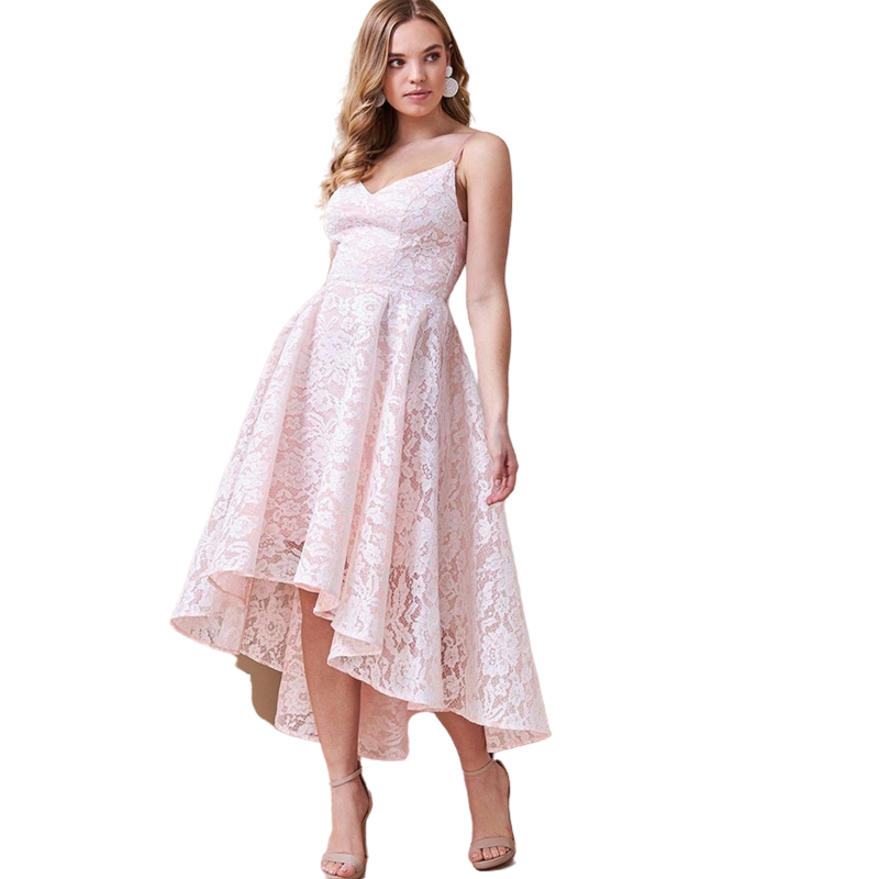 Simple Pink Lace High Low Prom Dresses For Women Girls Spaghetti Straps A Line Homecoming Graduation Special Occasion Dresses Short Front Long Back Ev