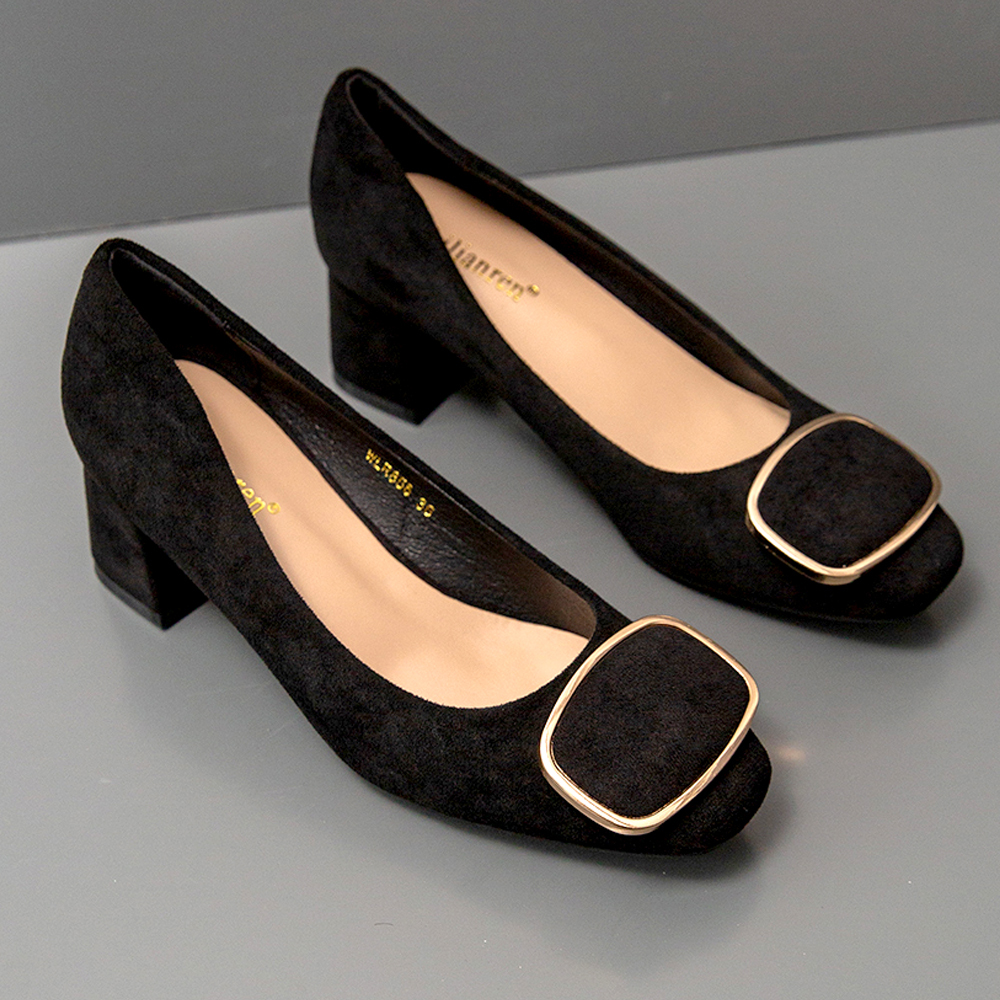 2020 Pumps Soft Sheep Womanly Shoes High Med Heels Thick Buckles Mujer Zapatos Guki, Black