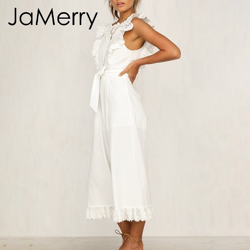 JaMerry Vintage cotton linen ruffled embroidery women jumpsuit Elegant hollow out sashes long jumpsuit romper Casual overalls T200107