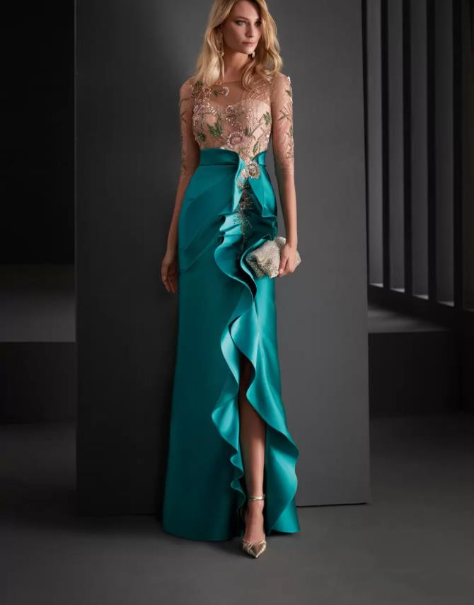 Elegant formal mermaid Evening Dresses wear Beads O Neck Half Sleeves teal blue Side Split Women Formal Prom Gowns cocktail Party Dress