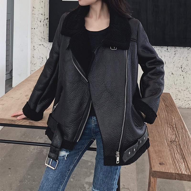 Ly Varey Lin New Women Lamb Fur Faux Leather Jacket Coat Turn Down Collar Winter Thick Warm Oversized Zipper With Belt Outerwear 201020