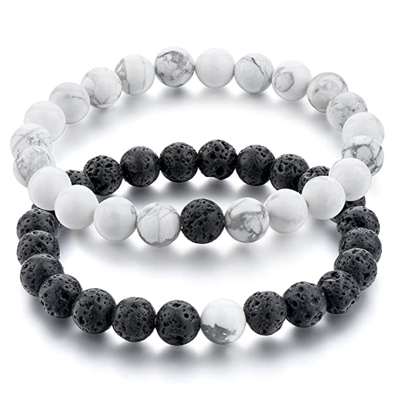 8MM Natural Lava Stone Strands Distance Bracelets Men Women Volcanic Rock Beads Couple Bracelet White Howlite Stone Lovers Bracelet Set Jewelry Gift
