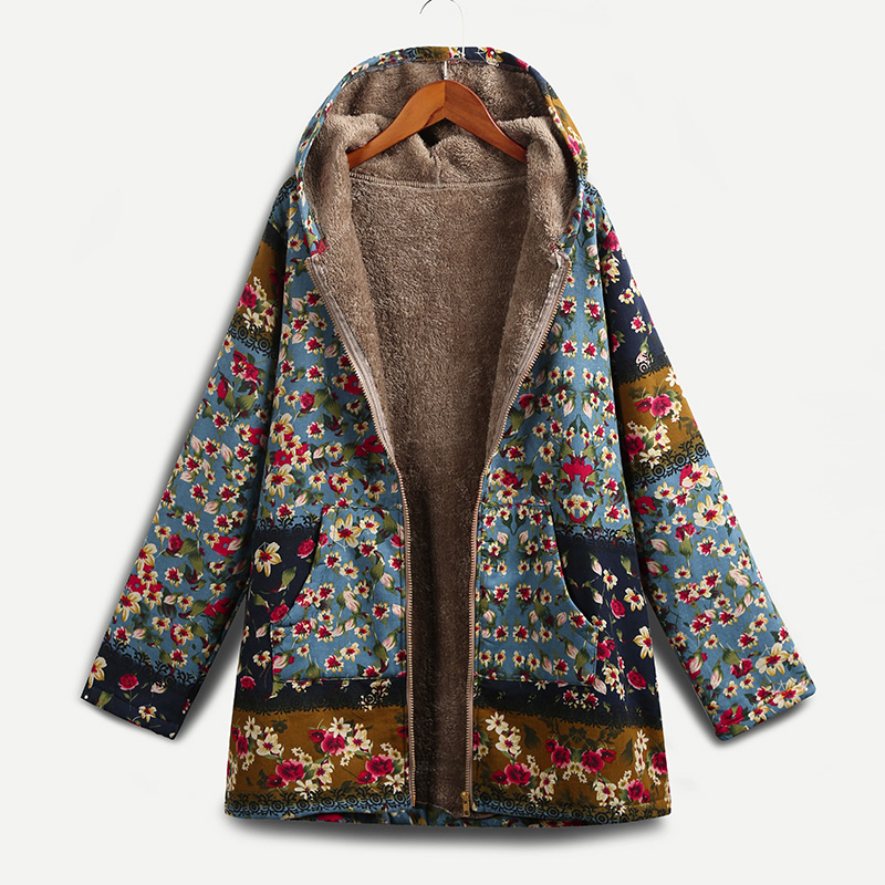 EaseHut Women Floral Print Jacket Coat Hooded Long Sleeve Female Vintage Autumn Winter Loose Casual Overcoat manteau femme hiver 201029