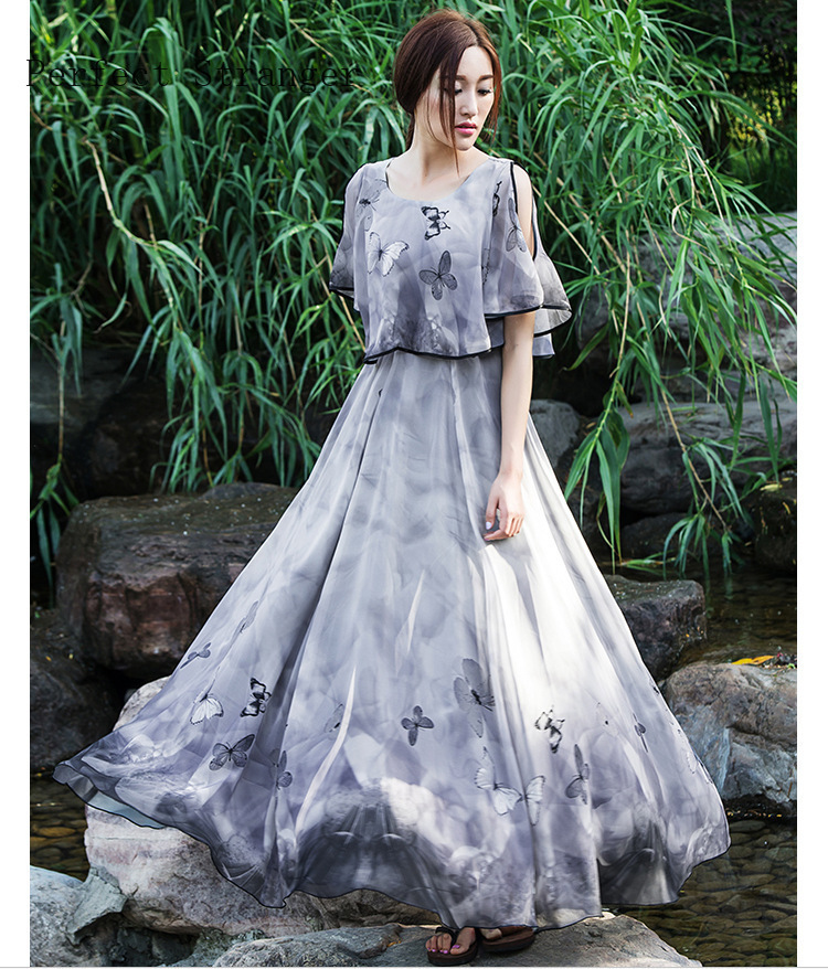 High Quality Summer New Arrival Elegant Round Collar off Shoulder Flower Printed Flare Sleeve Women Chiffon Long Dress T200603