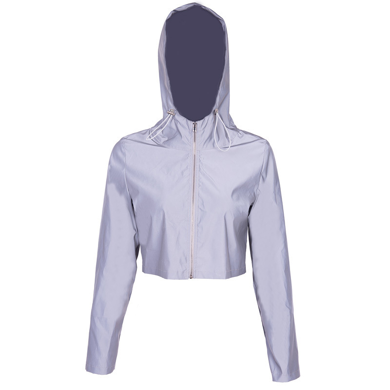 InstaHot Hooded Drawstring Zip Up Jacket Women Cool Gray Reflective Light Loose Crop Tops Long Sleeve 2018 Fashion Open Stitch T200111