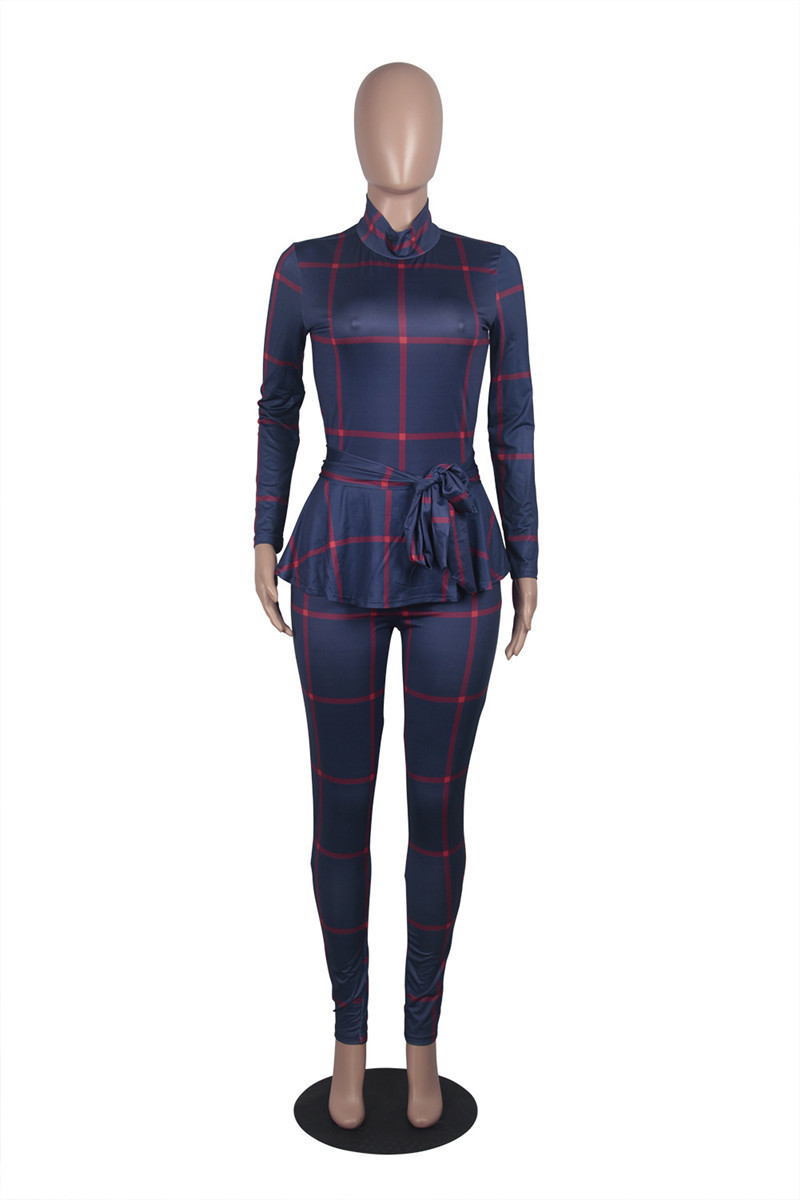 Plaid Print Bodycon Jumpsuit Women Turtleneck Long Sleeve Peplum One Piece Overalls Skinny Party Casual Romper Catsuit Sashes T200107