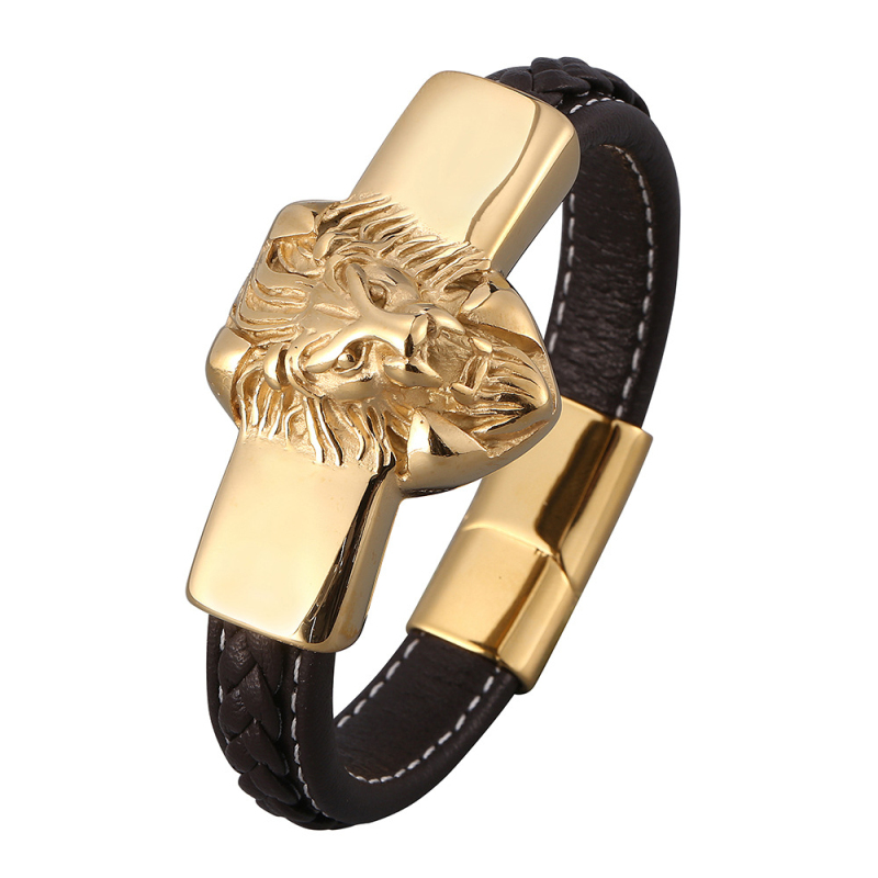 Hip Hop Men Jewelry Gold Plated Stainless Steel Lion Head Charm Leather Bracelet with Buckle