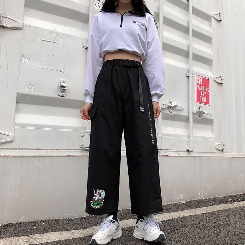 Women New Wide Leg Pants Fashion Elastic High Waist Harajuku Sweatpants Female Streetwear Casual Loose Ankle Length Black Pants 201106