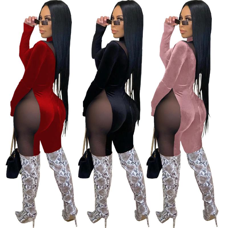Autumn Mesh Velvet Patchwork Women's Jumpsuit Sexy Club Party One Piece Overall High Waist Bodycon Rompers Outfit
