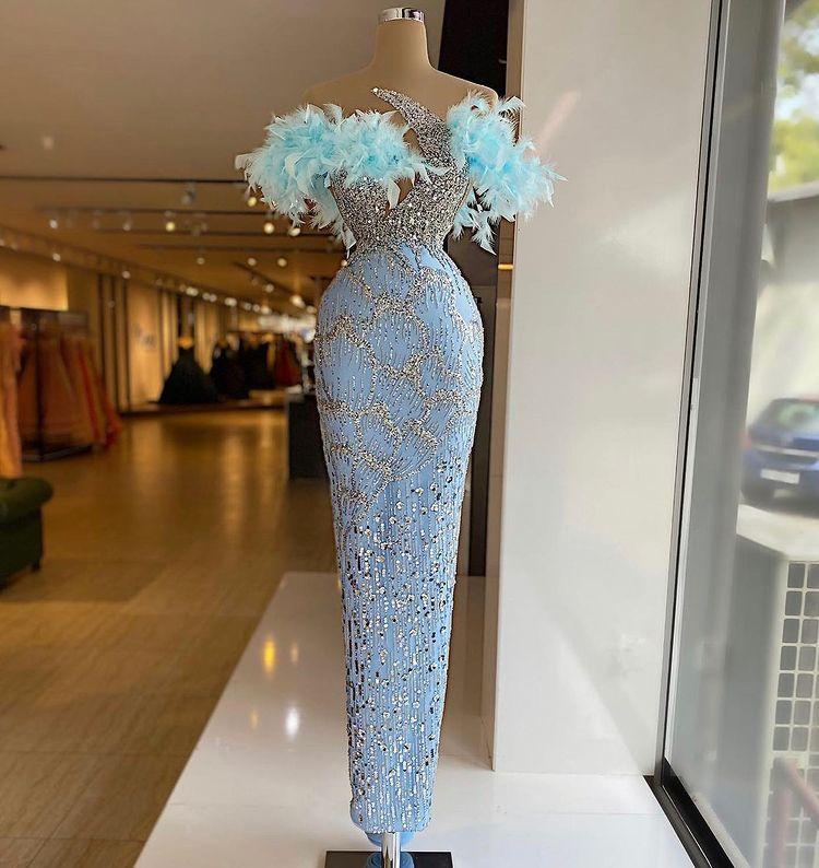 Size Arabic Plus Aso Ebi Luxuirous Sparkly Sheath Prom Dresses Beaded Feather Evening Formal Party Second Reception Birthday Engagement Gowns Dress