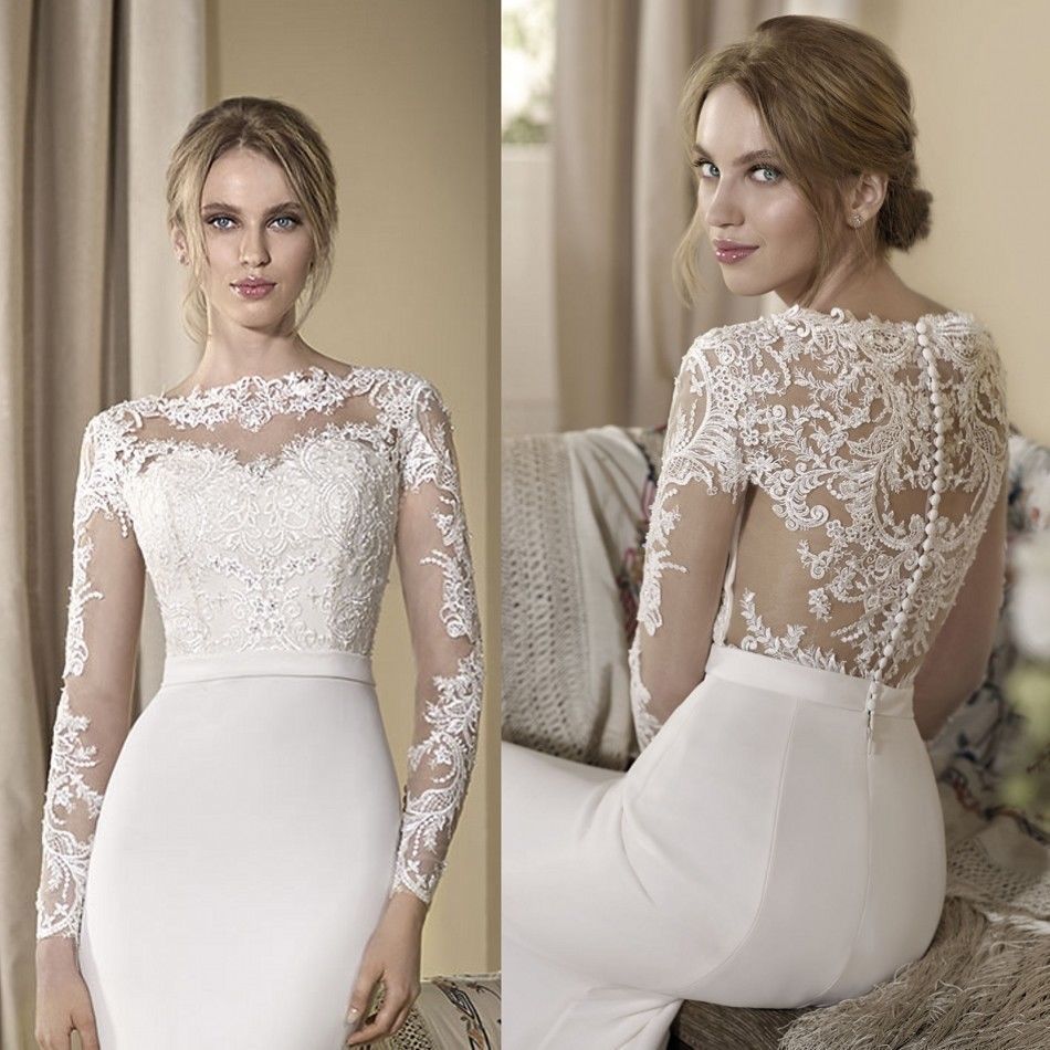 Modern Lace Long Sleeve Mermaid Wedding Dresses For Bride Appliques Illusion Back Buttons Ivory White Bridal Reception Dress Jewel Neck Satin Wedding 