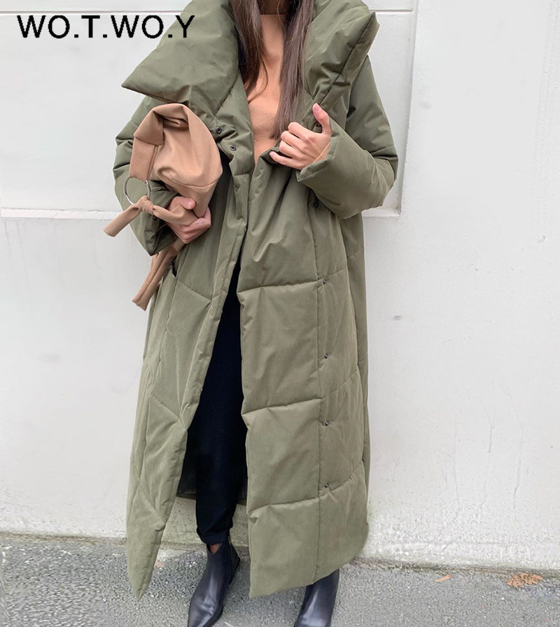 WOTWOY Winter Thickening X-Long Parkas Women Wide-Waisted Loose Cotton Padded Jackets Female Green Grey Sashes Warm Windbreaker 201029